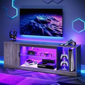 Bestier LED TV Stand for PS5,Modern Gaming Entertainment Center with Cabinet for 60/65 Inch TV, TV Console with Adjustable Glass Shelf for Living Room Bedroom Grey