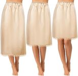 Mepase 3 Pieces Women's Satin Half Slip for Under Dresses 3 Kinds of Length 19, 27, 35 Inch Slip Dress with Lace, Champagne, XX-Large