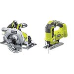 Ryobi R18CS7-0 ONE+ 18V Cordless Brushless Circular Saw (Body Only) & R18JS-0 ONE+ Jigsaw with LED, 18 V (Body Only) - Green/Grey