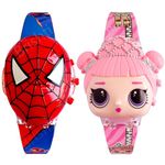 Brishti Combo Cartoon Characters Multicolored Disco Light with Musical Tone Digital Girl's and Boy's Wrist Watch (Pink-Red)