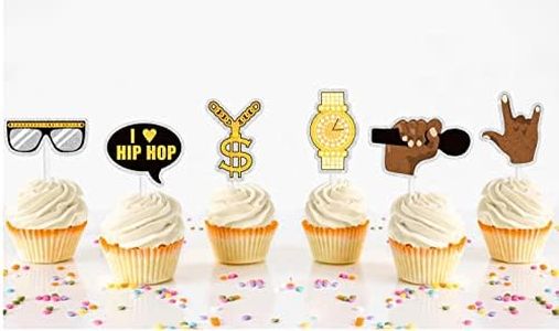 Hip Hop Cupcake Toppers Kit 80s 90s retro Theme Badass Rapper Sunglasses Gold Chain Ring Hip Black Cu-Hip-Hop