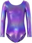 Nokecina Gymnastics Leotard for Girls Long Sleeve Tumbling Outfit Sparkly Athletic Dance Bodysuit Size 2-12 Years Old, Purple, 8-9 Years