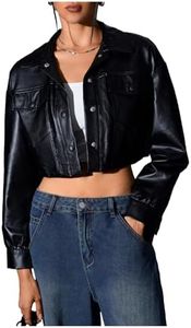 MakeMeChic Women's Faux Leather Crop Jacket Button Down Pocket Cropped Motorcycle Jacket Black Solid L