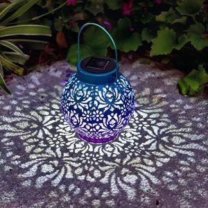 EXCMARK Outdoor Solar Hanging Lantern Lights Metal LED Decorative Lamp for Garden Patio Courtyard Lawn and Table with Hollowed-Out Design (Royal Purple)