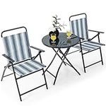 COSTWAY 3-Piece Patio Bistro Set, Garden Folding Chairs and Table Set with Tempered Glass Tabletop, Metal Frame Outdoor Dining Furniture Conversation Set for Balcony, Yard and Poolside