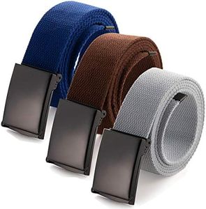 Mile High Life Cut To Fit Canvas Web Belt Size Up to 52" with Flip-Top Solid Black Military Buckle (3 Pack Brown/Blue/Gray)