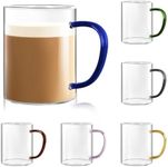 Glass Coffee Mugs Set of 6, 400ml Clear Espresso Cups with Colored Handle, Borosilicate Glass Coffee Cups, Large Capacity Wide Mouth for Hot or Cold Latte, Dishwasher and Microwave Safe Latte Mugs