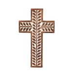 NIRMAN Mango Wood Religious Catholic Cross Wall Hanging Floral Carvings Living Room Home Décor for Entryway Office Living Room (10" x 6" x 0.75")