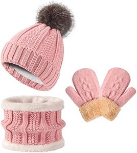 Kids Winter Beanie Hat Gloves Scarf Set 1-10 Years Old Girls Boys Mittens Knit Neck Warmer Warm Fleece lining, Pink(m), 1-5Years