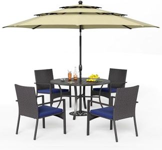 PHI VILLA 5 Pieces Outdoor Dining Set with Umbrella for 4, Round Metal Iron Dining Table & Wicker Chairs with Cushions & Large Beige Umbrella, Morden Dining Furniture for Patio, Deck, Yard, Porch