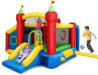 COSTWAY Kids Bounce Castle, 6-in-1 Inflatable Trampoline Bouncy House with 100 Ocean Balls, Slide, Football & Basketball Hoop, Indoor Outdoor Blow up Jumper for Backyard Playground