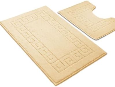 Ambience Products Greek Key Pattern Bath Mats 2 Piece Sets Non Slip Bathroom Mat, Soft Washable Rug Quick Dry Water Absorbent Bathroom Shower Mat & Pedestal Set (Cream)