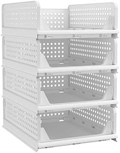 Stackable Plastic Storage Basket, Closet organisers and storage drawers large Foldable Clothes Shelf Bins for Wardrobe Cupboard Cabinet Kitchen Bathroom Bedroom Office by MOTYYA (4 Pack White-S)