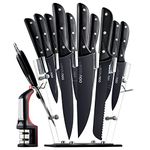 OOU! High-Carbon Stainless Steel Chef Knife , Slicing Knife , Bread Knife, Utility Knife, Paring Knife , Steak Knife , Knife Block, Kitchen Shears And Knife Sharpener, 15 Pieces, Black