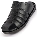 FAUSTO FST FOSMS-2061 BLACK-46 Men's Black Genuine Leather Multi Strap Back Open Slip On Closed Toe Dress Sandals (12 UK)