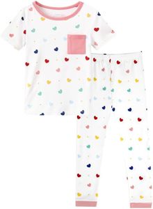 BambooBud Viscose Toddler Printed Pajamas Boys Girls Kids Short Sleeve Top and Pants Pjs Sleepwear 2-6Y, Heart, 3T