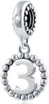 No. 3 Number Charm, 925 Sterling Silver Pendant fit Pandora Charm Bracelets, Necklace, European Snake Chain, Dangle Bead for Third Birthday, 3rd Anniversary