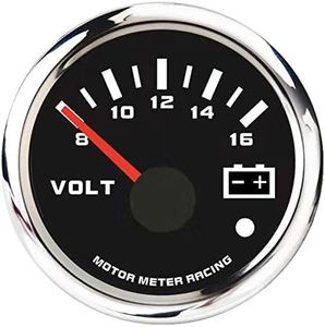 MOTOR METER RACING W Pro Series 52mm 2-1/16" Volt Gauge Voltmeter 8-16 V Black Dial White LED Warning Function Waterproof for Car Truck Marine Boat Yacht