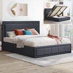 Blisswood Upholstered Ottoman Bed Single Bed Frame, Linen Fabric Ottoman Storage Bed With Gas Lift End Opening Wooden Slats With Storage Bed (Dark Grey, 4ft6 Double)