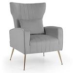 COSTWAY Velvet Accent Chair, Upholstered Wingback Armchair Comfy Reading Chair with Lumbar Pillow and Metal Legs, Modern Single Sofa Chair Occasional Lounge Armchair for Living Room Bedroom (Grey)