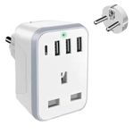 UK to European Plug Adapter with 3 USB Ports and 1 USB C, European Travel Adapter Plug Extender,Grounded European Plug Adapter