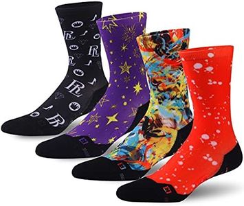 HUSO Men Cool Athletic Hiking Cycling Crew Socks, Novelty Funky Crazy Painted Socks for Fashion Women Girls 4 Pairs (Purple, Red, Black, Colorful)
