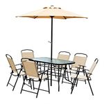 Outsunny 8pc Patio Garden Texteline Dining Set Outdoor Bistro Furniture 6 Folding Chairs with Table and Umbrella Beige