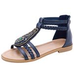 ANUFER Women's Bohemian Exotic Style Beaded T-Strap Sandals Open Toe Flat Summer Beach Shoes Blue SN02463 UK6