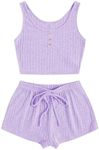 SOLY HUX Women's Button Front Ribbed Knit Tank Top and Shorts Pajama Set Sleepwear Lounge Sets Plain Lilac Purple M