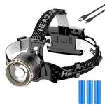 LEKIA Head Torch USB Rechargeable, Super Bright 90000LM 4 Modes Headlamp with Sensor Function, Long Battery Life, IP65 Waterproof Zoom LED Head Lamp 90°Angle Adjustable for Outdoor Camping Running