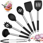 Joyfair Kitchen Utensils Set, 7 Pcs Silicone Cooking Utensils with Stainless Steel Handle, Non Scratch Cooking Tools Spatula Tongs Spoon for Non Stick Cookware, Heat Resistant & Dishwasher Safe, Black