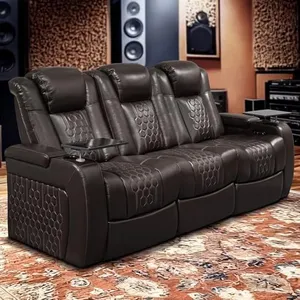 HKUVUKH Home Theater Seating - Italian Leather - Power Recline Sofa - Fold-Down Table - Powered Headrests - Arm Storage - USB Charging - Cup Holders, Coffee Color