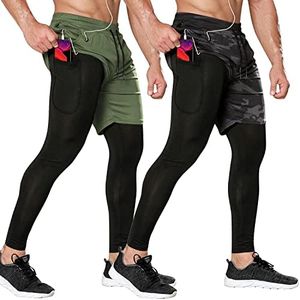 Odoland 2 Pack Mens Athletic Compression Running Pants, 2 in 1 Quick Dry Athletic Workout Sweatpants Shorts Gym Leggings with Pocket, Army Green/Camo, L
