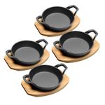 HOME DISTRICT Mini Cast Iron Skillet Set of 4 Mini Skillet Ramekins Oven Safe, 6 Inch, 12 Oz Cast Ion Skillet Set with Wood Trivets