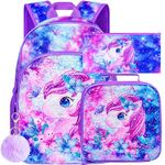 3PCS Girls Backpack with Lunch Box, 16”Sequin Unicorn Bookbag for Kids, School Bag for Elementary Toddler - Purple