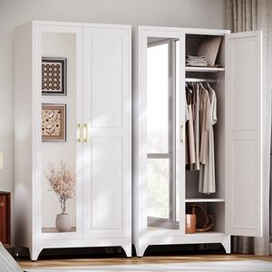 UNICOLY Metal Armoire Wardrobe Closet with Mirror,71" H Clothing Storage Cabinet with Hanging Rod and Adjustable Shelves,Steel Wardrobe Cabinet with 2 Doors for Bedroom, Living Room,Office, White