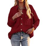 KCatsy Women Jacket Shacket Solid Color Retro Vintage Corduroy Rib Plus Size Flap Pocket Button-Down Loose Oversized Overshirt(A Red,XL 16-18)