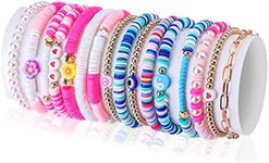 KINBOM 16pcs Preppy Bracelets, Colorful Y2K Heishi Jewelry Girls' Charm Bracelets Aesthetic Boho Beaded Stretch Bracelet Summer Beach Jewelry Stuff for Women, 18cm/7 inch, Soft Clay