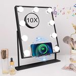 Hansong Black Vanity Mirror with Lights Bluetooth Hollywood Vanity Mirror with Wireless Charging 9 LED Bulbs Lighted Makeup Mirror 10X Magnification
