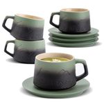 ZENS Cappuccino Cups Set of 4, 240 ml Artistic Embossed Cappuccino Mug and Saucers for Au Lait, Gradient Moss Green Cappuccino Coffee Cups for Latte Art, Cafe Mocha or Tea, Baristas Women Gifts