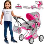 Kinderplay Dolls Pram | 3-in-1 Toy Pram | Baby Doll Pram - Toy Pushchair | Dolls Buggy | Dolls Pushchair | Doll Stroller with Adjustable Handle (36.5-64 cm), model KP0200S