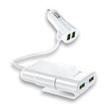 QC 12V Fast Car Charger Back Seat Charging 4 USB Ports Compatible for Qualcomm 3.0, Samsung Galaxy, Note, iPhone, Nexus, Vivo, Oppo,Pixel, Mi & Other Mobile Phones with Free Type C Cable - Black