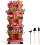 5 Tier Stackable Planter with Removable Wheels and Garden Tools, Garden Planting Tower Planters, Indoor Outdoor Gardening Pots, Vertical Garden Planter(Red)