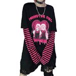 Black T-Shirt Long-Sleeve for Women Anime Shirts Harajuku Oversized Loose Tees Kawaii Tops for Teen Girl Streetwear, Black2, X-Large