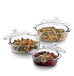 Dyomnizy Microwave Oven Safe Serving Bowl with Lid, Tempered Glass, for Rice and Boiling Food, 1000 ml, Set of 3