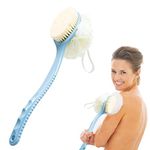 Bath Brush with Curved Long Handle Shower body brush with bristles and Sponge Loofahs,Back Scrubber Bath Mesh Sponge for Skin Exfoliating Bath, massage bristles (blue)