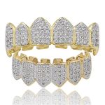 Moca Jewellery Hip Hop Unisex 18 Carat Gold-Plated Iced Out CZ Simulated Diamond Top Bottom Teeth Grill Set for Men Women Gold