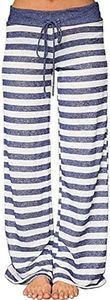 AMiERY Women's Comfy Casual Pajama Pants Floral Print Drawstring Palazzo Lounge Pants Wide Leg, Blue Striped, Small