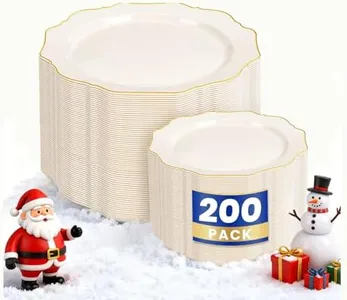 WDF 200PCS Ivory Plastic Plates with Gold Rim - Cream Plastic Plates - Include 100 Dinner & 100 Dessert Fancy Disposable Plate for Party - Heavy Duty Plate for Wedding/Bridal Showers