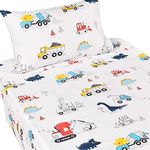 J-pinno Dinosaur Construction Work Digger Cars Vehicle Cute Cozy Fun Twin Sheet Set for Kids Girls Children 100% Cotton Flat Sheet + Fitted Sheet + Pillowcase Bedding Set (Twin, Dinosaur)